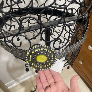 Boho Silver Filigree Belt with Yellow Gem Medallion